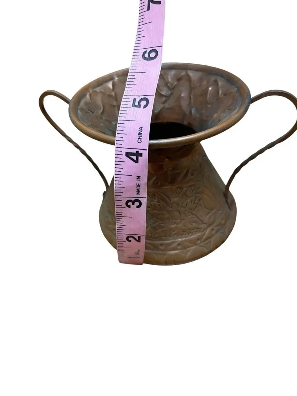 Vintage Hammered Copper Vase Urn Floral Etched Rustic Boho Decor